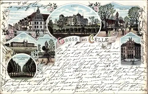 Litho Celle in Niedersachsen, Schloss, Gymnasium, Kriegerdenkmal, Infanteriekaserne, Rathaus