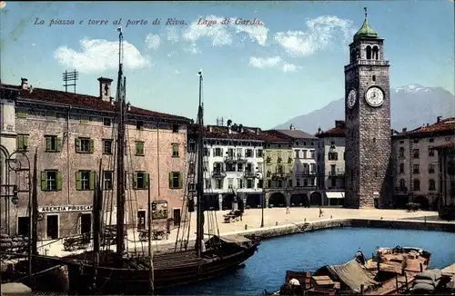 Ak Lago di Garda Lombardia, Hafenpartie, Uhrenturm