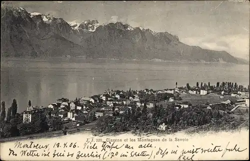 Ak Clarens Montreux Kanton Waadt, Gesamtansicht, Montagnes de la Savoie