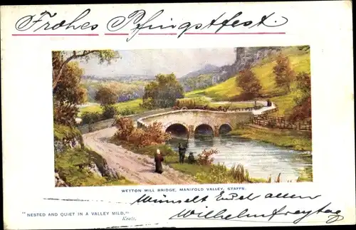 Künstler Ak Derbyshire England, Wetton Mill Bridge, Manifold Valley
