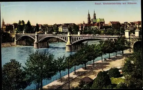 Ak Basel Stadt Schweiz, Wettsteinbrücke, Münster