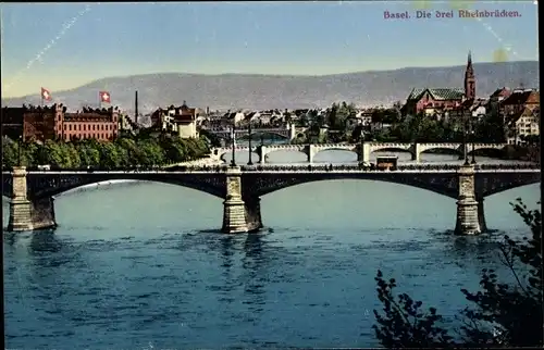 Ak Basel Stadt Schweiz, Drei Rheinbrücken