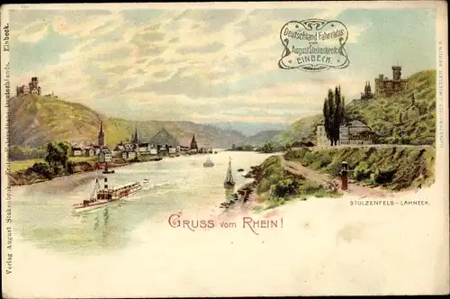 Litho Koblenz in Rheinland Pfalz, Stolzenfels, Lahneck, Dampfer, Teilansicht der Stadt