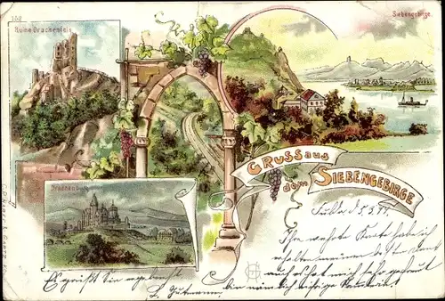 Litho Königswinter am Rhein, Ruine Drachenfels, Siebengebirge