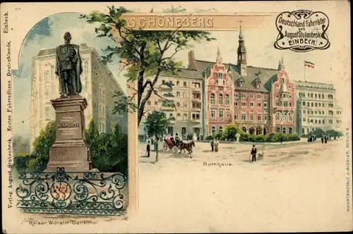 Litho Berlin Schöneberg, Kaiser Wilhelm Denkmal, Rathaus, Reklame, Stukenbrok Fahrräder