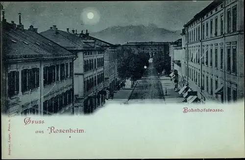 Mondschein Ak Rosenheim Oberbayern, Bahnhofstraße