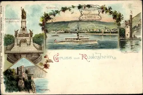 Litho Rüdesheim am Rhein, Flusspanorama, Mäuseturm, Nationaldenkmal am Niederwald, Rheinstein