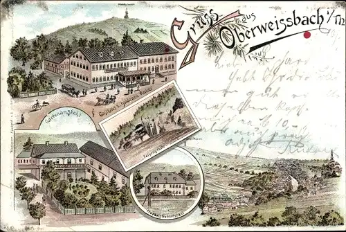 Litho Oberweißbach in Thüringen, Gasthaus zum goldenen Anker, Gartenansicht, Felsengrotte