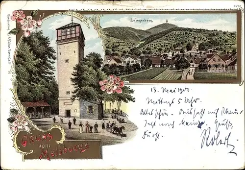 Litho Zwingenberg an der Bergstraße in Hessen, Melibocus, Aussichtsturm