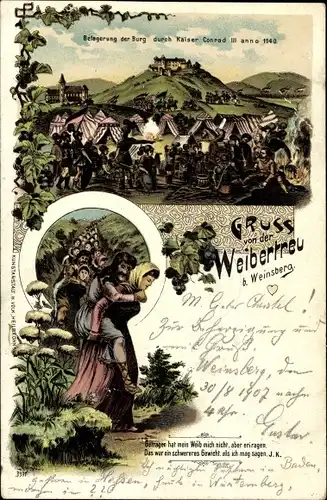 Litho Weinsberg im Kreis Heilbronn, Weibertreu, Belagerung der Burg durch Kaiser Conrad III. 1140