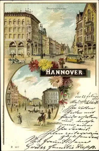 Litho Hannover, Georgstraße, Bahnhofstraße, G. C. Schraders Nachfolger, Straßenbahn, Kutsche, Blume