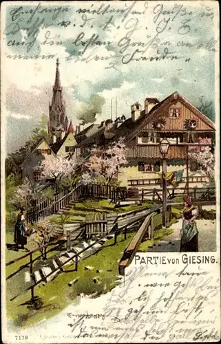 Künstler Litho Guggenberger, Thomas, Giesing München Bayern, Teilansicht der Ortschaft