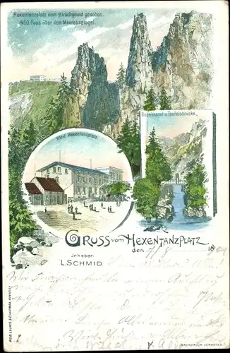 Litho Thale im Harz, Hotel Hexentanzplatz, Bodekessel, Teufelsbrücke