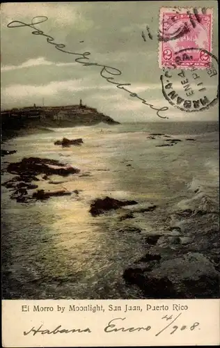 Ak San Juan, Puerto Rico, El Morro bei Mondschein