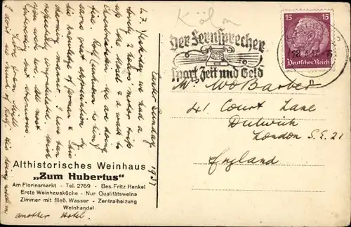 Künstler Ak Köln am Rhein, Weinhaus Zum Hubertus