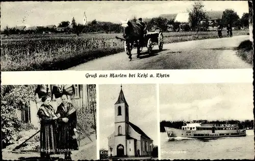 Ak Marlen Kehl am Rhein, Rieder Trachten, Rheinpartie, Kirche, Pferdefuhrwerk