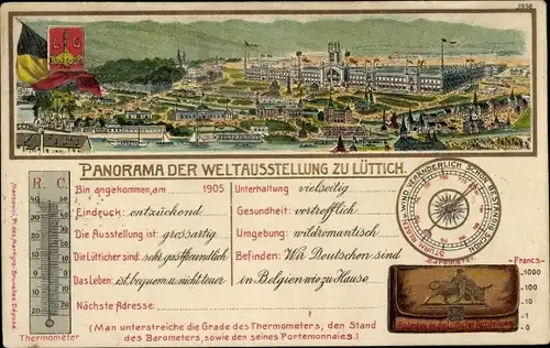 Präge Litho Panorama der Weltausstellung zu Lüttich, Fahne, Wappen