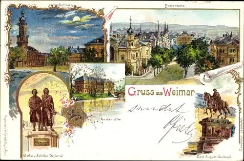 Mondschein Litho Weimar in Thüringen, Schloss, Panorama, Ilmpartie, Denkmal Carl August