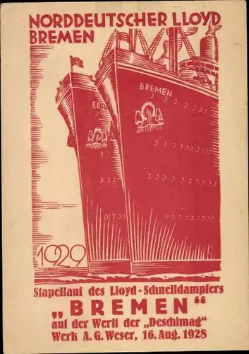 Ganzsachen Ak Stapellauf des Dampfschiffes Europa, Norddeutscher Lloyd Bremen, Blohm und Voß 1928