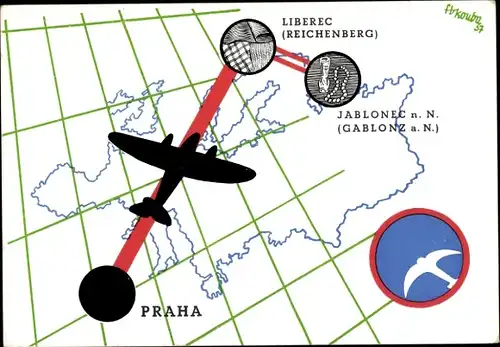 Landkarten Ak Ceskoslovenske Statni Aerolinie, Flugverbindung Liberec, Jablonec, Praha, 1937