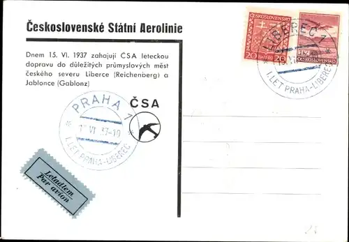 Landkarten Ak Ceskoslovenske Statni Aerolinie, Flugverbindung Liberec, Jablonec, Praha, 1937