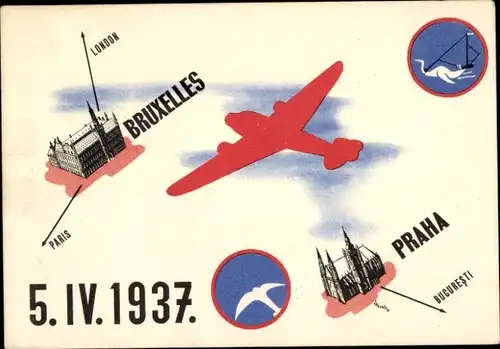 Ak Flugverbindung Prag Brüssel, 5. April 1937, CSA Ceskoslovenske Statni Aerolinie, Sabena