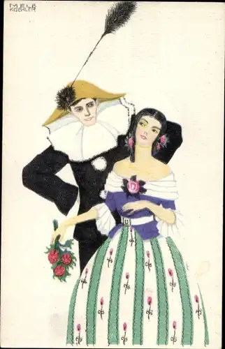 Künstler Ak Köhler, Mela, Mann im Kostüm mit Frau, Harlekin