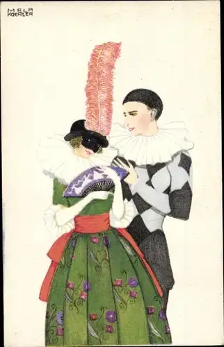 Künstler Ak Köhler, Mela, Mann und Frau in Kostümen, Harlekin, Maske, Fächer