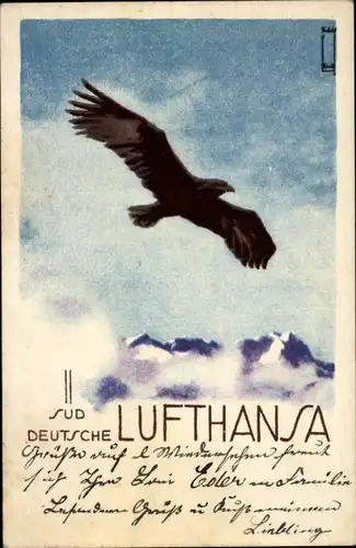 Künstler Ak Süd-Deutsche Lufthansa, Adler über den Alpen, Reklame