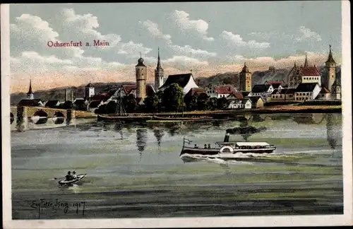 Künstler Ak Felle, Eugen, Ochsenfurt am Main Unterfranken, Teilansicht, Dampfer