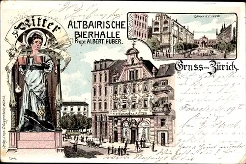 Litho Zürich Stadt Schweiz, Altbairische Bierhalle zum Ritter, Bahnhofstraße