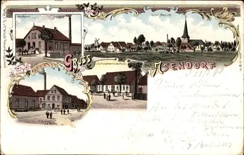 Litho Asendorf Landkreis Diepholz, Gesamtansicht, Molkerei, Fabrik, Gasthaus Knopmann