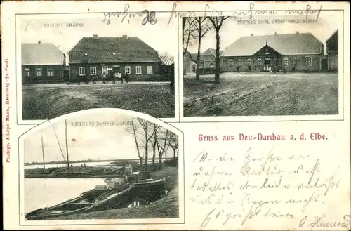 Ak Neu Darchau an der Elbe, Gasthof Kröpke, Kröpkes Saal, Hafen, Dampfer Eidechse