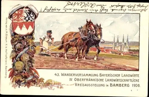 Ganzsachen Künstler Litho Messerschmitt, IV. Oberfr. Landwirtschaftliche Ausstellung Bamberg 1908