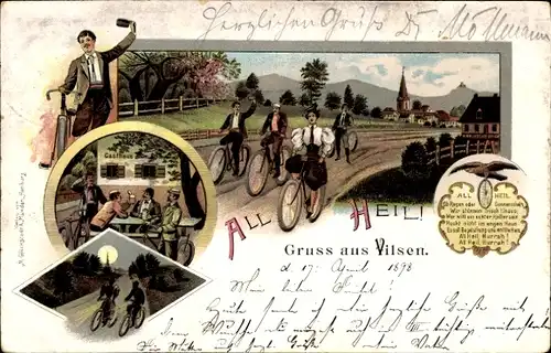 Litho Bruchhausen Vilsen Niedersachsen, All Heil, Radfahrer, Gasthaus