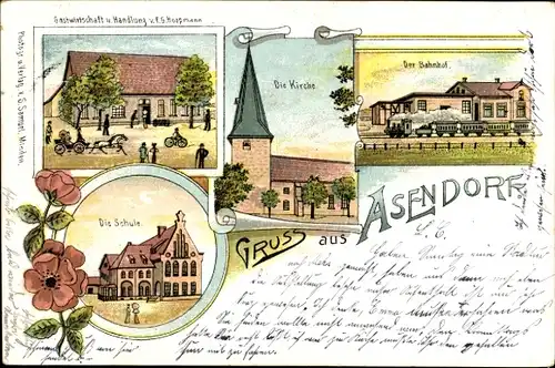 Litho Asendorf in Niedersachsen, Kirche, Bahnhof Gleisseite, Schule, Gastwirtschaft und Geschäft