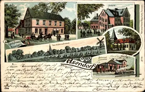 Litho Asendorf Landkreis Diepholz, Geschäftshaus Bösenberg, Schule, Kirche, Bahnhof, Gesamtansicht