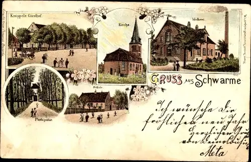 Litho Schwarme in Niedersachsen, Knüppels Gasthof, Kirche, Molkerei, Schule, Postagentur