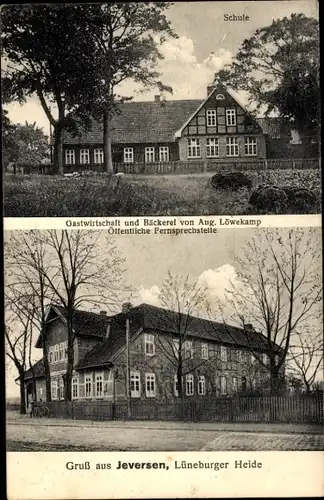 Ak Jeversen Wietze Niedersachsen, Schule, Gastwirtschaft und Bäckerei Aug. Löwekamp