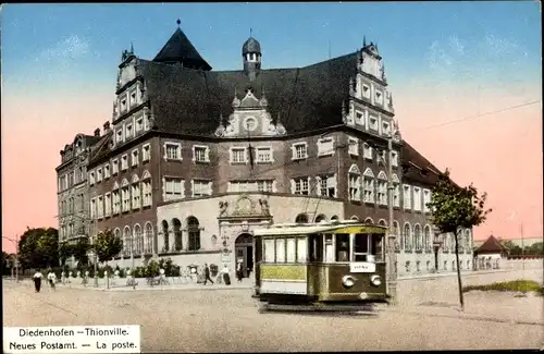 Ak Thionville Diedenhofen Lothringen Moselle, Neues Postamt, Straßenbahn