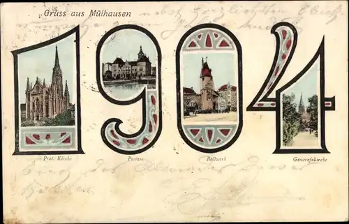 Ak Mulhouse Mülhausen Elsass Haut Rhin, Jahreszahl 1904, Postamt, Protestantische Kirche