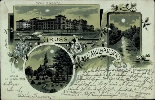 Mondschein Litho Mulhouse Mülhausen Elsass Haut Rhin, Neue Kaserne, Salvatorplatz