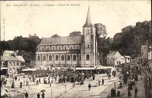 Ak Valmont Seine Maritime, Kirche, Marktplatz