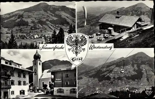 Wappen Ak Westendorf in Tirol, Ortsansichten, Sessellift, Kirche, Berggasthaus