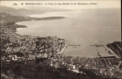 Ak Monte-Carlo Monaco, Hafen, Cap Martin und die Berge Italiens