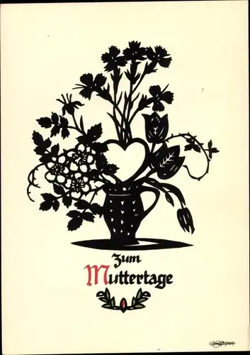 Scherenschnitt Ak Plischke, Georg, Glückwunsch Muttertag, Blumen, Blumenvase