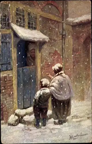 Künstler Ak Gerstenhauer, Johann Georg, niederländisches Motiv, Personen an einer Haustür, Schnee