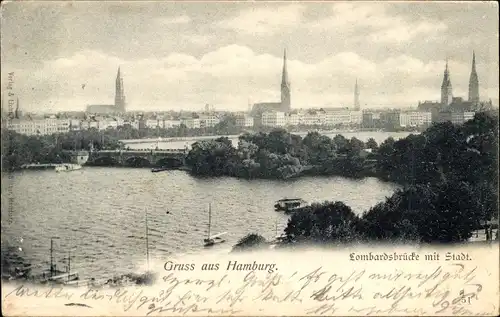 Ak Hamburg, Lombardsbrücke, Ortsansicht, Kirchtürme