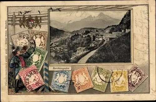 Passepartout Ak Berchtesgaden in Oberbayern, Ortspanorama, Watzmann, Briefmarken, Wappen
