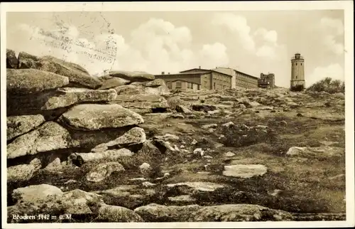 Ak Brocken Nationalpark Harz, Brockenhotel, Brockenturm